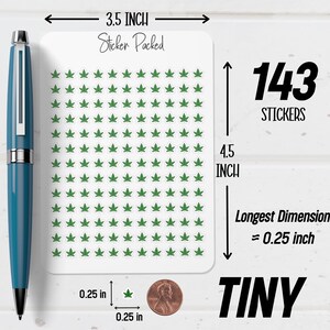 May include: A sheet of 143 tiny green leaf stickers, each 0.64 cm in size, arranged on a white background. The sticker sheet is 8.89 cm wide and 11.43 cm tall. The text "Sticker Packed" and "TINY" are also visible.