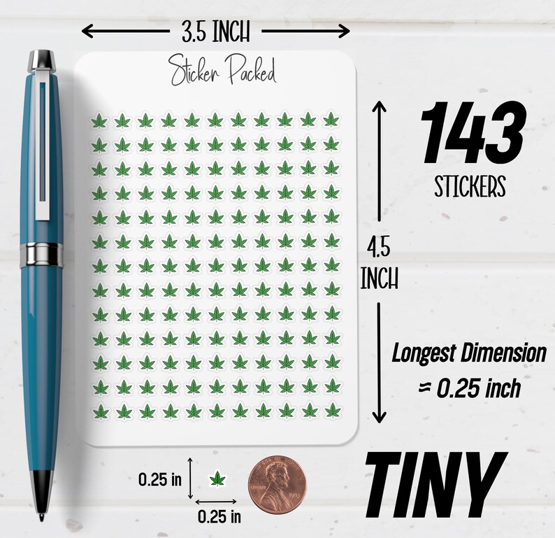 May include: A sheet of 143 tiny green leaf stickers, each 0.64 cm in size, arranged on a white background. The sticker sheet is 8.89 cm wide and 11.43 cm tall. The text "Sticker Packed" and "TINY" are also visible.