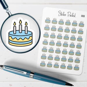 May include: A sheet of stickers featuring a repeating pattern of birthday cakes with three candles. The cakes are blue and yellow with black outlines. The sheet is labeled "Sticker Packed 0001". A magnifying glass and a blue pen are in the image.