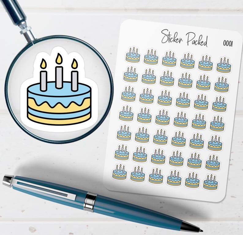 May include: A sheet of stickers featuring a repeating pattern of birthday cakes with three candles. The cakes are blue and yellow with black outlines. The sheet is labeled "Sticker Packed 0001". A magnifying glass and a blue pen are in the image.