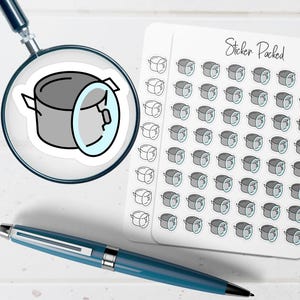 May include: A sticker sheet with multiple stickers of a cooking pot with a lid. The stickers are gray with a light blue outline. The words "Sticker Packed" are written in cursive on the sheet. A magnifying glass and a blue pen are also in the image.