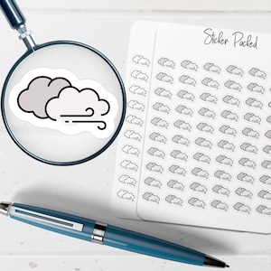 May include: A sheet of cloud-shaped stickers with a magnifying glass showing a close-up of a cloud with wind lines. The stickers are gray and white with black outlines. The text "Sticker Packed" is visible.