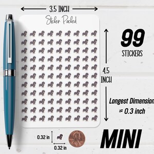 May include: A sheet of 99 mini dachshund stickers, each approximately 0.8 cm in size. The sticker sheet is 8.9 cm wide and 11.4 cm tall. The longest dimension of each sticker is about 0.8 cm. The text "Sticker Packed" and "MINI" are also visible.