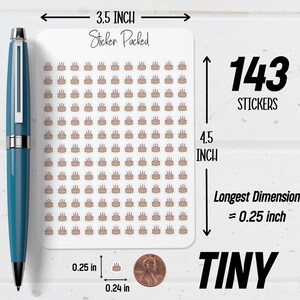 May include: A sheet of 143 tiny stickers, each featuring a small cake design. The sheet measures 3.5 inches wide and 4.5 inches tall. The longest dimension of each sticker is 0.25 inches. The text "Sticker Packed" and "TINY" are also visible.