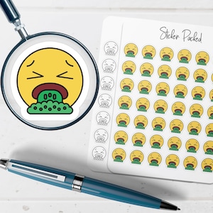 May include: A yellow emoji sticker with a sick face, spewing green vomit. A sheet of stickers with the text "Sticker Packed" and multiple yellow emoji stickers with a sick face. A blue pen and a magnifying glass are also in the image.