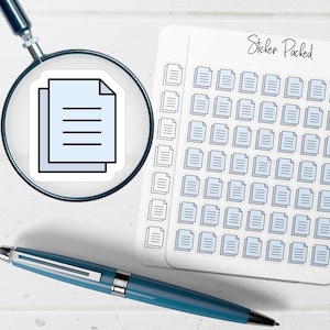 May include: A magnifying glass focuses on a sticker of two light blue documents with black lines. A sheet of document stickers and a blue pen are also visible. The words "Sticker Packed" are written on the sheet.