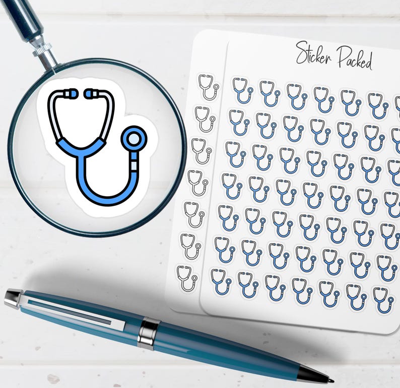 May include: A sheet of stickers featuring blue and white stethoscopes, with one sticker magnified by a magnifying glass. A blue pen is in the foreground. The sheet of stickers has the text "Sticker Packed".