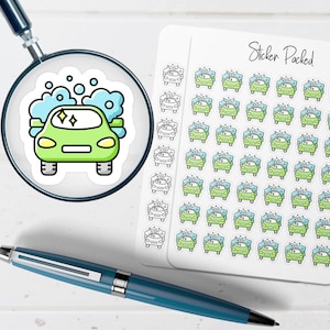 May include: A sheet of stickers featuring a green car being washed, surrounded by blue bubbles. The stickers are in a cartoon style. The words "Sticker Packed" are written in cursive on the sheet.