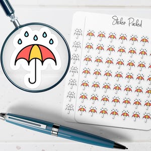 May include: Sheet of stickers with a repeating pattern of umbrellas and raindrops. The stickers feature a red and yellow umbrella design with a black outline. The text "Sticker Packed" is written in black script on the sheet.