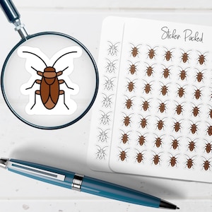 May include: A sheet of small cockroach stickers with the text Sticker Packed, featuring both brown colored and black outline versions of the insect. A magnifying glass shows a single brown cockroach sticker, and a blue pen lies below the sheet.