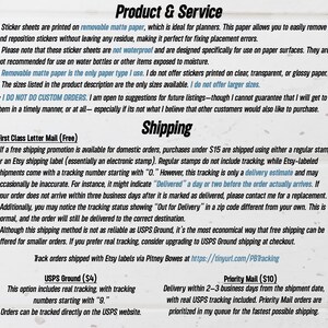 May include: Text on a white background details product information and shipping options. It describes removable matte paper sticker sheets for planners, and shipping via First Class Mail, USPS Ground, and Priority Mail.