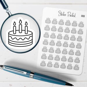 May include: Black and white sticker sheet with multiple cake illustrations. Each cake has three candles. The sheet is labeled "Sticker Packed 0001". A pen and a magnifying glass are also in the image.