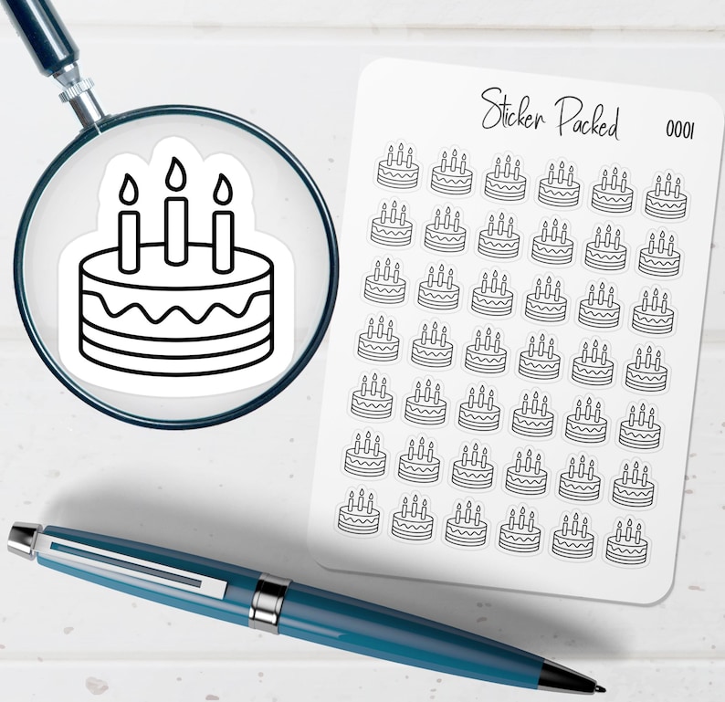 May include: Black and white sticker sheet with multiple cake illustrations. Each cake has three candles. The sheet is labeled "Sticker Packed 0001". A pen and a magnifying glass are also in the image.