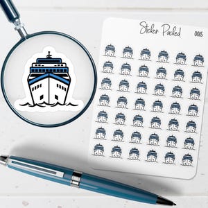 Peut inclure: Une feuille d'autocollants avec un motif de paquebot. Les autocollants sont blancs avec un contour bleu et noir. L'image comprend &eacute;galement une loupe avec un gros plan d'un autocollant de paquebot, un stylo et le texte "Sticker Packed 0015".