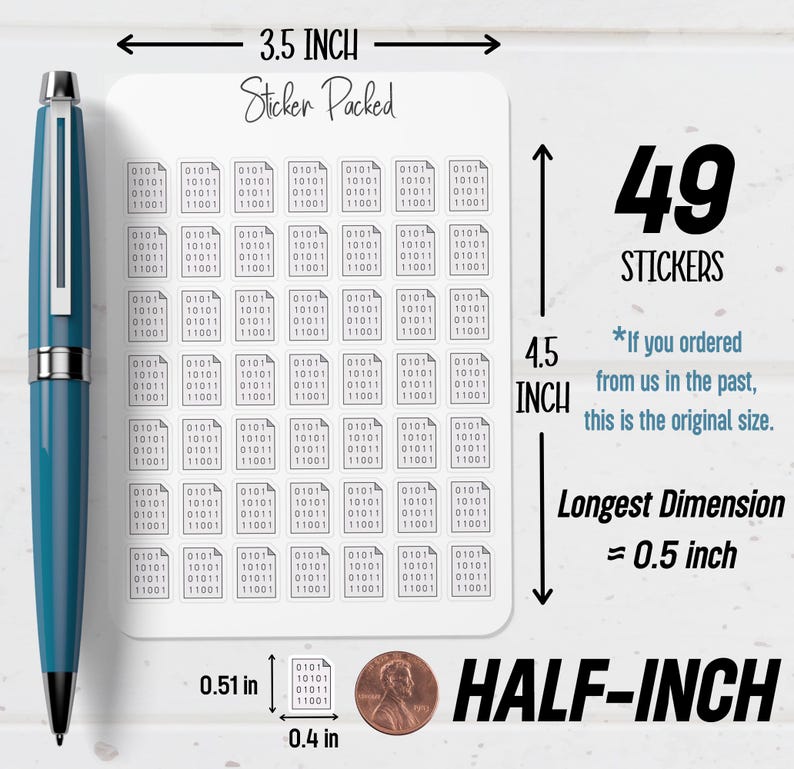 May include: A sheet of 49 stickers with a binary code design. Each sticker is a small rectangle with a series of 0s and 1s. The longest dimension is approximately 0.5 inches. The sheet is 3.5 inches wide and 4.5 inches tall.