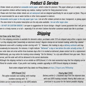 K&ouml;nnte beinhalten: Text auf wei&szlig;em Hintergrund mit Produkt- und Versandinformationen. Beschreibt Stickerb&ouml;gen aus abl&ouml;sbarem, mattem Papier f&uuml;r Planer und Versandoptionen wie First Class Mail, USPS Ground und Priority Mail.