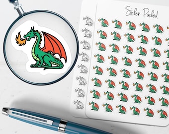 May include: A sticker sheet labeled Sticker Packed featuring multiple small dragon stickers. The dragons are green with red wings and orange flames. One dragon is magnified by a magnifying glass, and a blue pen is positioned below the sheet.