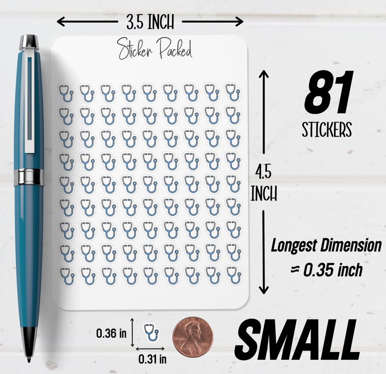 May include: A sheet of 81 small stethoscope stickers. The stickers are blue and gray, with a longest dimension of 0.35 inches. The sheet is 3.5 inches wide and 4.5 inches tall. The word "SMALL" is written in black.