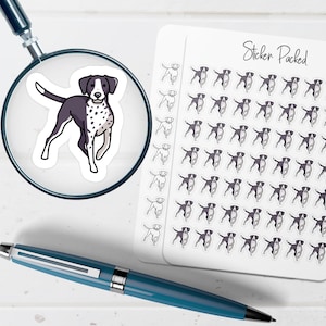 May include: A sticker sheet with multiple dog stickers and a single sticker under a magnifying glass. The dog stickers are black and white with a spotted pattern. The text "Sticker Packed" is on the sticker sheet.