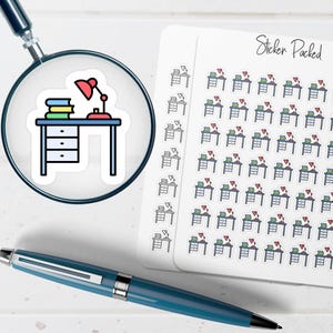 May include: A sheet of stickers with a desk and lamp design, and the text "Sticker Packed". The stickers feature a desk with a red lamp, books, and a three-drawer cabinet. A blue pen and a magnifying glass are also in the image.