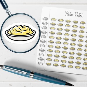 May include: A sheet of stickers featuring a yellow food item in a white bowl with a black outline. The stickers are labeled "Sticker Packed" in black script. A magnifying glass and a blue pen are also in the image.