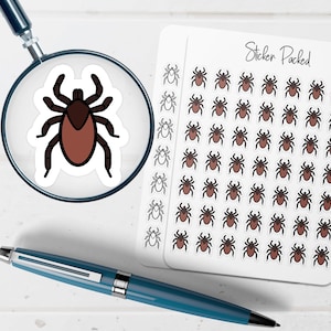 May include: A sheet of stickers with a tick design, a magnifying glass, and a blue pen. The stickers have a brown body and black legs. The magnifying glass shows a close-up of a tick sticker. The text "Sticker Packed" is on the sticker sheet.