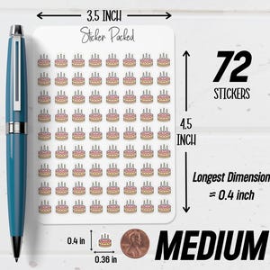 May include: A sheet of 72 medium-sized stickers, each featuring a birthday cake with candles. The sticker sheet measures 3.5 inches wide and 4.5 inches tall. The longest dimension of each sticker is approximately 0.4 inches.