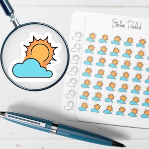 May include: A sheet of weather-themed stickers featuring a sun and cloud design. The stickers are in orange, yellow, and blue. The words "Sticker Packed" are written on the sheet. A blue pen and a magnifying glass are also in the image.