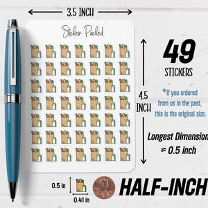 May include: A sheet of 49 stickers with a grocery bag design. Each sticker is a brown paper bag filled with groceries, a green base, and a white bottle. The longest dimension is approximately 0.5 inch.