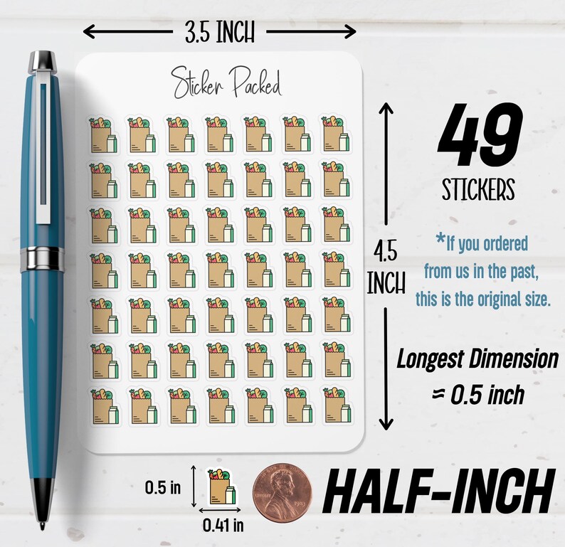May include: A sheet of 49 stickers with a grocery bag design. Each sticker is a brown paper bag filled with groceries, a green base, and a white bottle. The longest dimension is approximately 0.5 inch.