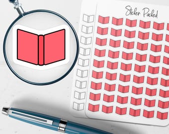 May include: A sticker sheet with many small, red book stickers and the text "Sticker Packed". A magnifying glass focuses on a single red book sticker. A blue pen is also in the image.