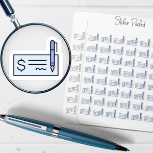 May include: A sticker sheet with multiple small stickers featuring a check design with a dollar sign and pen. A magnifying glass frames a single check sticker. A blue pen is in the foreground.