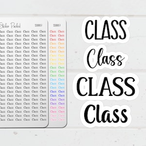 May include: White stickers with the word "Class" in various fonts. The image also shows sticker sheets with the word "Class" repeated multiple times in different colors. The stickers are designed for organization and labeling.
