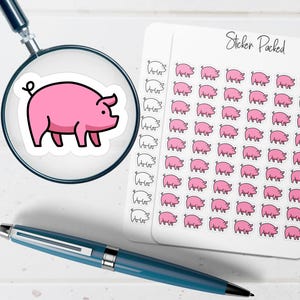 May include: A pink pig sticker is magnified by a magnifying glass. A sheet of stickers with multiple pink pig illustrations is next to the magnifying glass. A blue pen is in the foreground. The sheet of stickers has the text "Sticker Packed".