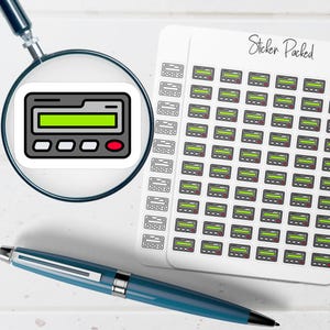 May include: A sheet of stickers with a retro pager design, featuring a green display and red button. The stickers are labeled "Sticker Packed". A magnifying glass and a blue pen are also in the image.