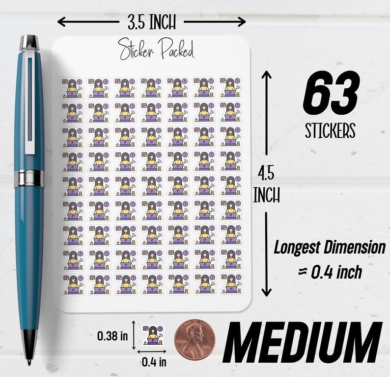 May include: A sheet of 63 medium-sized stickers, each featuring a person working on a laptop. The stickers are 0.4 inches in size, with a longest dimension of approximately 0.4 inches. The sheet is 3.5 inches wide and 4.5 inches tall.