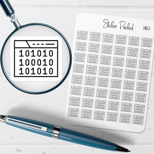 May include: A close-up of a white sticker sheet with multiple binary code designs. A magnifying glass focuses on a single binary code design. A blue pen rests at the bottom. The text "Sticker Packed 1457" is visible.