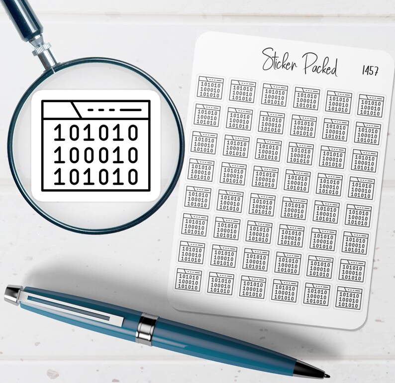 May include: A close-up of a white sticker sheet with multiple binary code designs. A magnifying glass focuses on a single binary code design. A blue pen rests at the bottom. The text "Sticker Packed 1457" is visible.