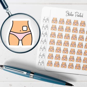 May include: A sticker sheet with multiple stickers featuring a cartoon illustration of a torso wearing pink underwear. The stickers are in a variety of poses. A magnifying glass is focused on a single sticker. A blue pen is in the foreground.