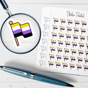 May include: A sticker sheet with multiple non-binary pride flag stickers. A single flag sticker is magnified by a magnifying glass. A blue pen is in the foreground. The words "Sticker Packed" are written on the sticker sheet.