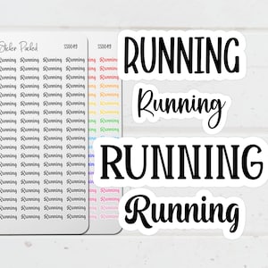 May include: A collection of stickers with the word "RUNNING" in various fonts and sizes. Some stickers have the word repeated in a pattern. The stickers are white with black text, and some have colorful accents. The stickers are for running enthusiasts.