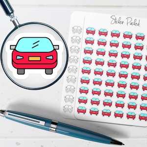 May include: A sheet of car stickers with a red car design and the text "Sticker Packed". The stickers feature a red car with a blue windshield. A magnifying glass and a blue pen are also in the image.