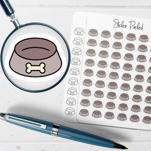 May include: A sheet of stickers featuring a repeating pattern of dog bowls with a bone graphic. A single sticker is magnified, showing a brown bowl with a bone-shaped design. The words "Sticker Packed" are written in cursive.