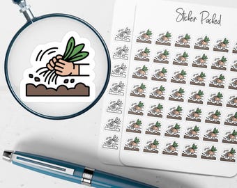 May include: A sticker featuring a hand pulling a plant from the soil. The sticker has a white border and is surrounded by other similar stickers. A blue pen and a magnifying glass are also in the image.