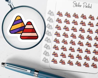 May include: A sheet of stickers with a repeating pattern of colorful, triangular shapes. The stickers feature a variety of designs, including purple and gold stripes, and red and pink stripes. The words "Sticker Packed" are written on the sheet.