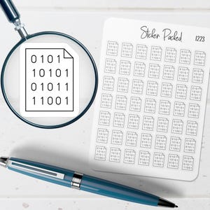 May include: A sheet of stickers with binary code, a magnifying glass, and a blue pen are on a white wooden surface. The stickers have the text "Sticker Packed 1223". The binary code is in a document under the magnifying glass.