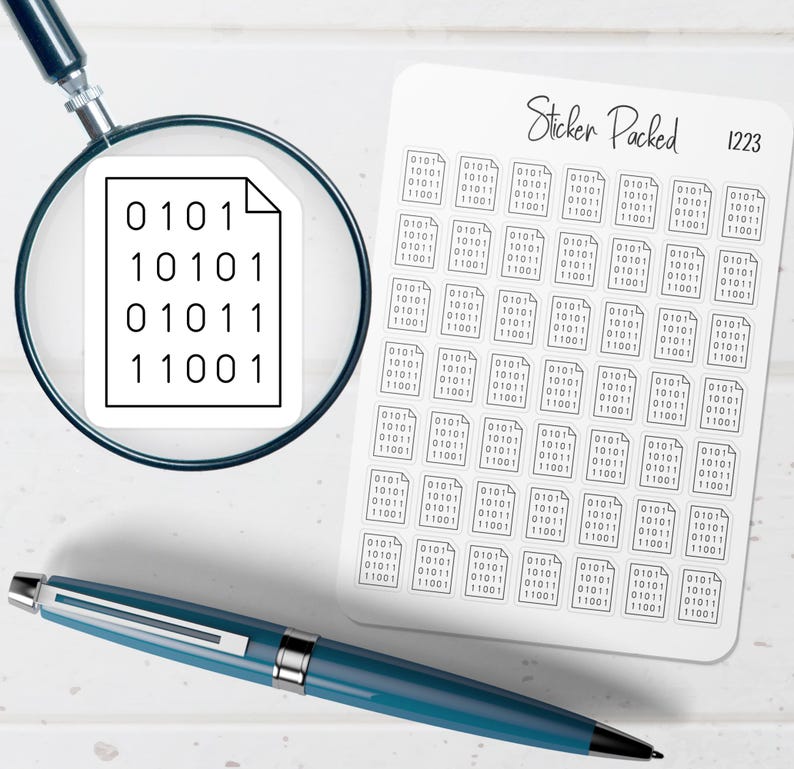 May include: A sheet of stickers with binary code, a magnifying glass, and a blue pen are on a white wooden surface. The stickers have the text "Sticker Packed 1223". The binary code is in a document under the magnifying glass.