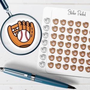 May include: A baseball glove and ball sticker is magnified by a magnifying glass. A sheet of baseball glove and ball stickers is to the right. A blue pen is in the foreground. The sheet of stickers has the text "Sticker Packed".