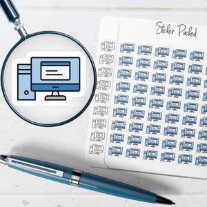 May include: A blue computer sticker is magnified by a magnifying glass. A sheet of computer stickers is to the right. A blue pen is in the foreground. The sheet of stickers has the words "Sticker Packed" at the top.