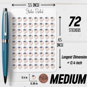 Peut inclure: Une planche de 72 autocollants de taille moyenne, chacun repr&eacute;sentant le profil d'une t&ecirc;te avec un bonnet bleu. La planche mesure 8,89 cm sur 11,43 cm, la plus grande dimension de chaque autocollant &eacute;tant d'environ 1 cm. Le texte "Sticker Packed" est en haut.